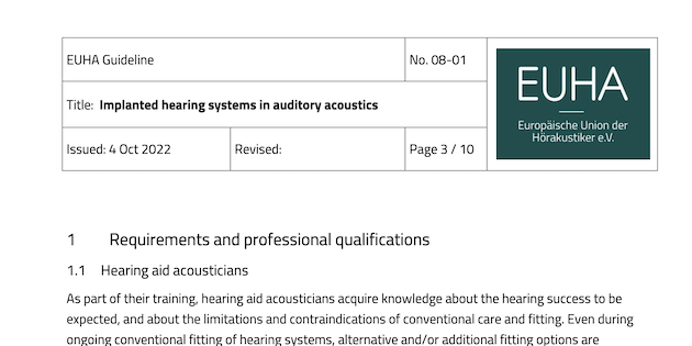 New EUHA guideline covers three possible qualification levels for hearing implant services given by audiologists